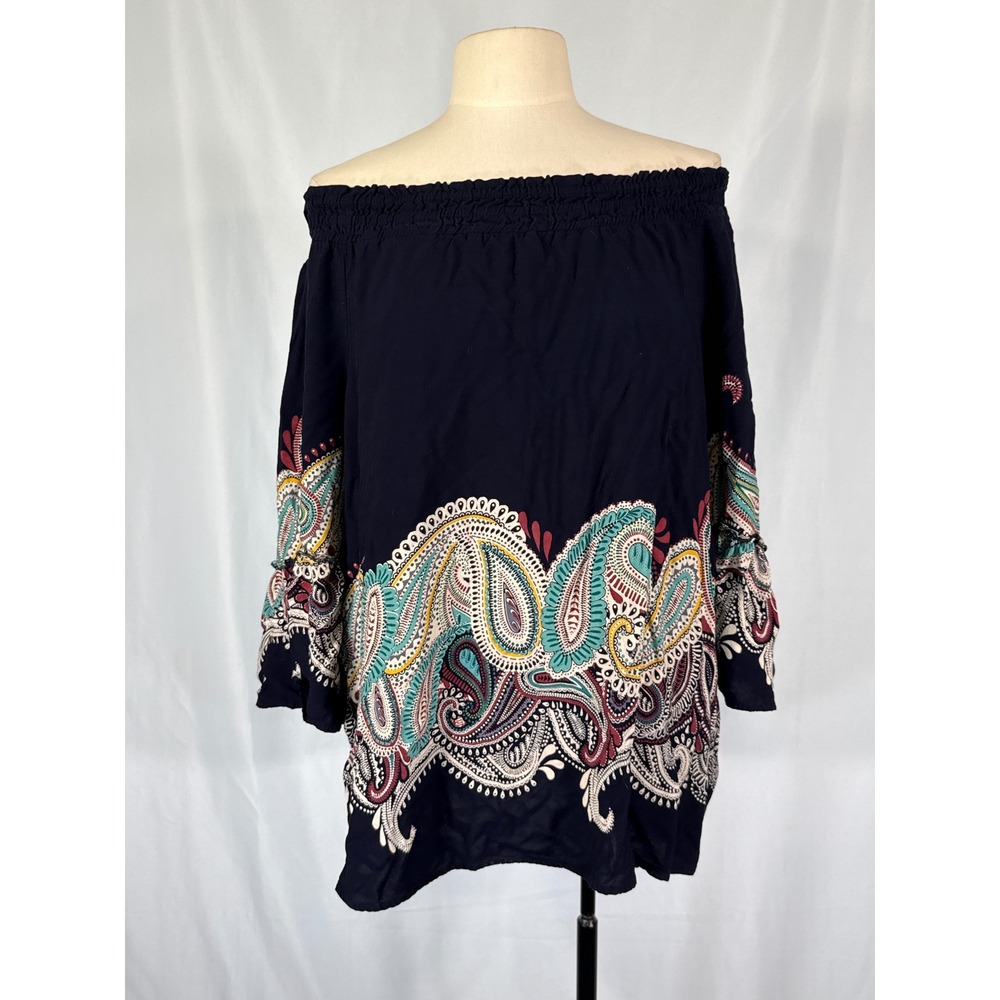 Cato Est. 1946 Navy Blue Paisley Off the Shoulder Tiered Bell Sleeve Boho Top XL